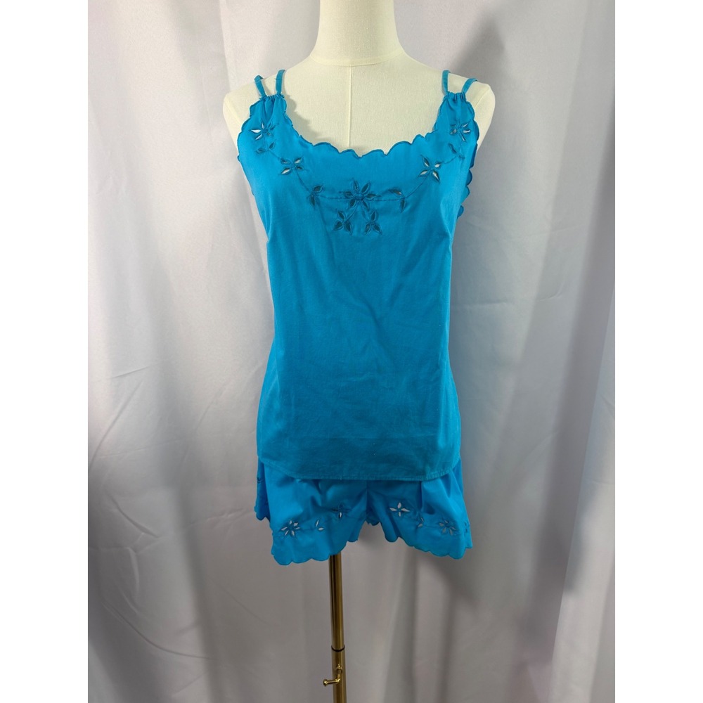 Vintage Turquoise Eyelet Embroidered Camisole Shorts Pajama Set Coastal Medium